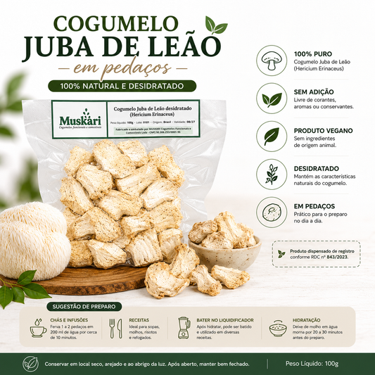 Cogumelo Juba de Leão desidratado em pedaços 100g