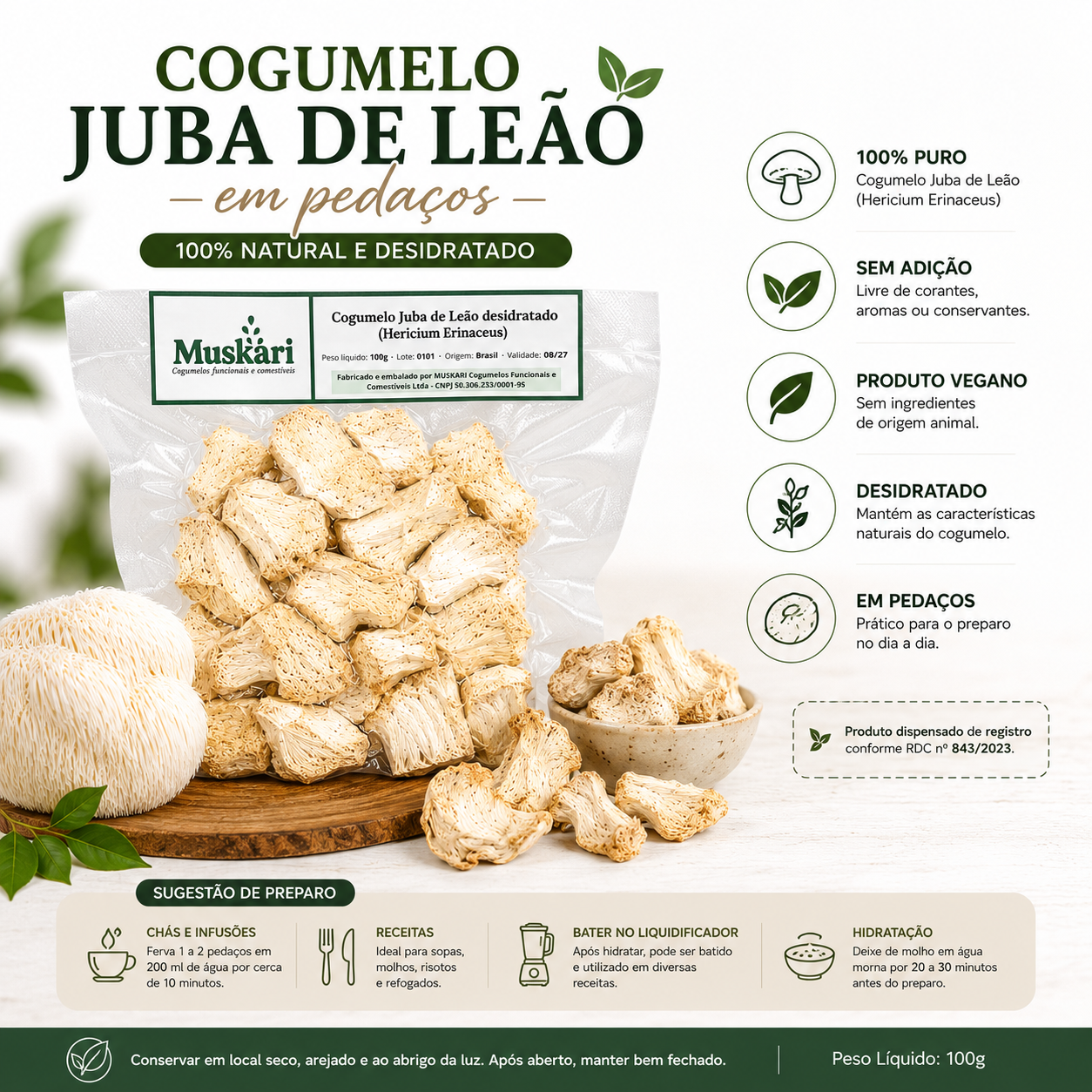 Cogumelo Juba de Leão desidratado em pedaços 100g